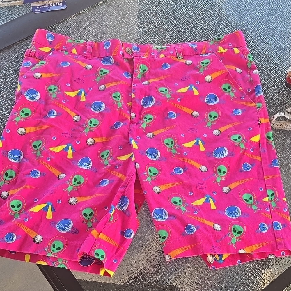 Bright Pink Alien Print Golf Shorts Royal & Awesome Mens 42